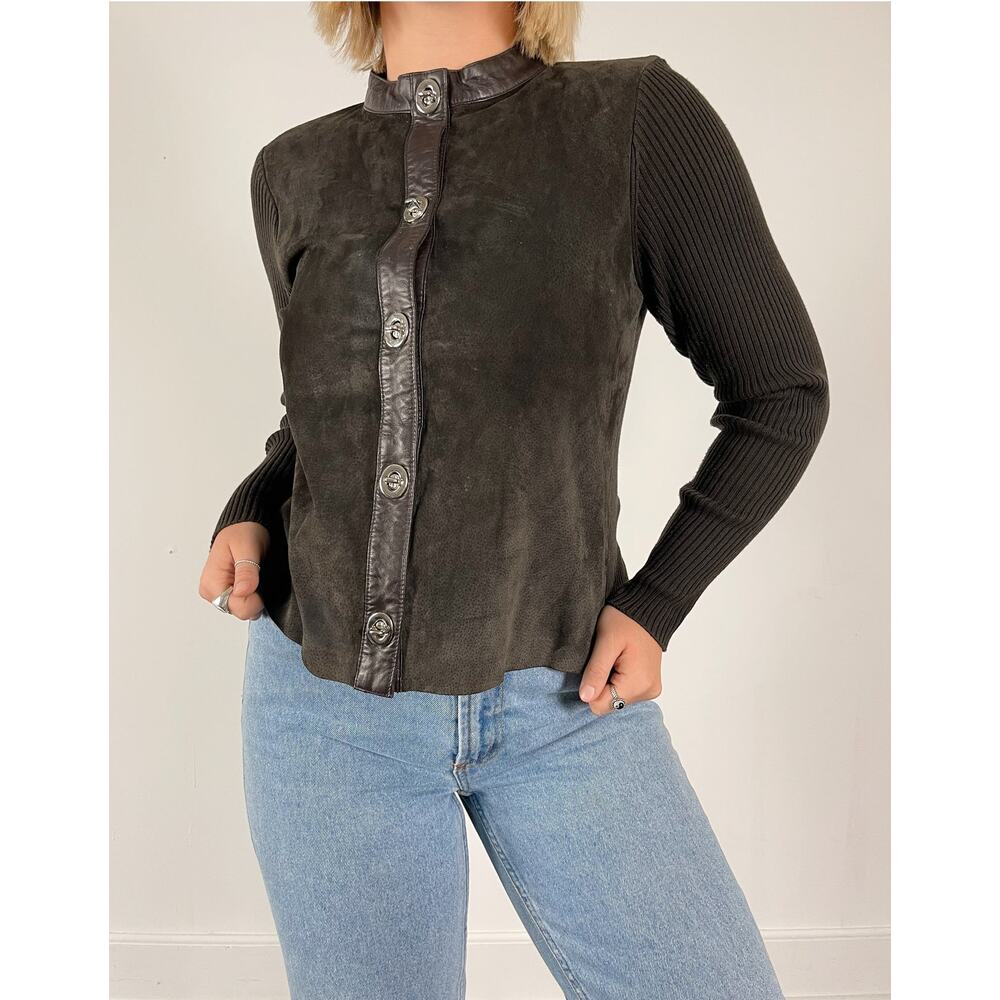 NWT Escapade Suede Leather & Knit Sweater Button Down Collarless Cardigan Jacket